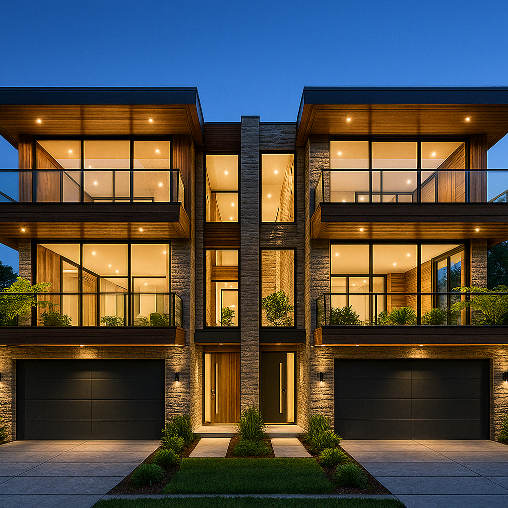 Modern duplex house at dusk, featuring symmetrical architecture with large glass windows, wood and stone exterior finishes, spacious balconies with glass railings, and two garages. Warm interior lights create an inviting glow, surrounded by landscaped greenery and trees under a clear evening sky.